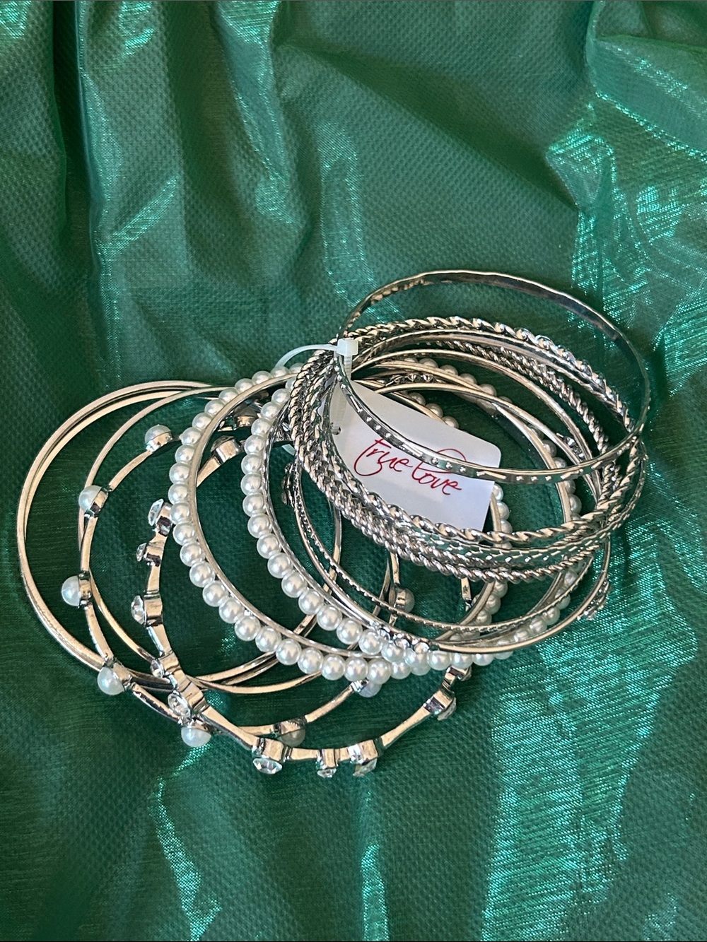 Silver Pearl & Bangle Bracelet Set - Silver